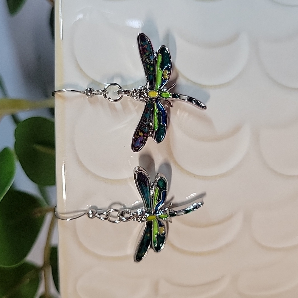 Mosaic Dragonfly Enamel and Silver Drop Earrings - Picture 3 of 8